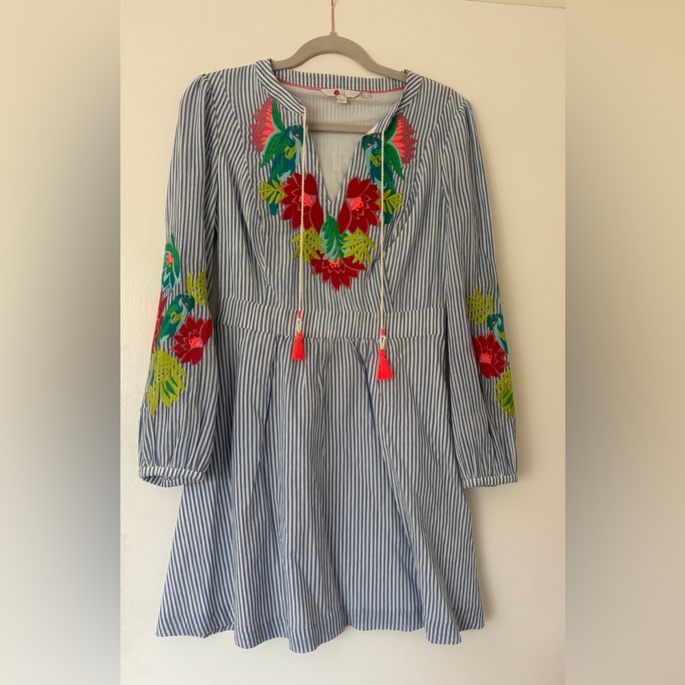 Boden Blue Striped Resort Dress with Beautiful floral and Bird Embroidery